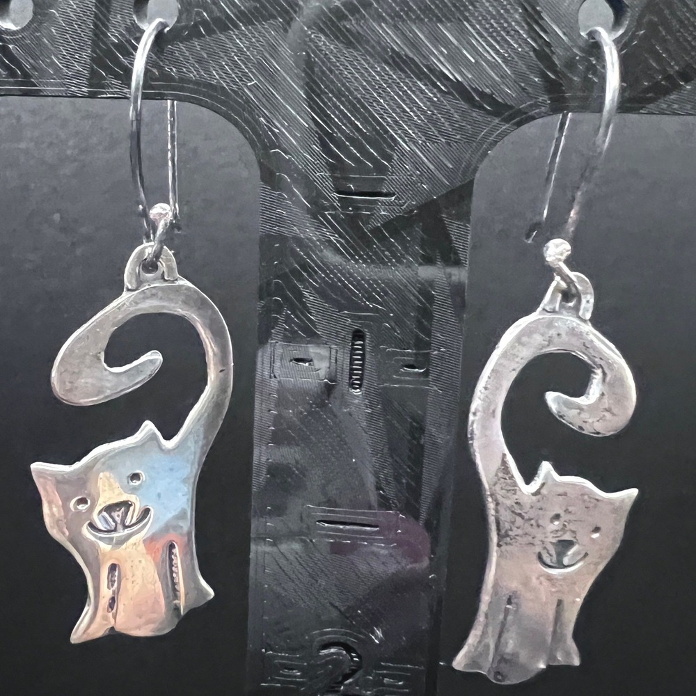 Vtg Mexico Sterling Silver Cat Earrings Dangle Drop‎ Anthropomorphic Figural 5g